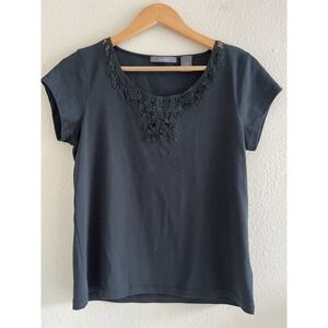 Liz Claiborne Solid Black Crochet Neckline Black Top Size Medium Whimsigoth